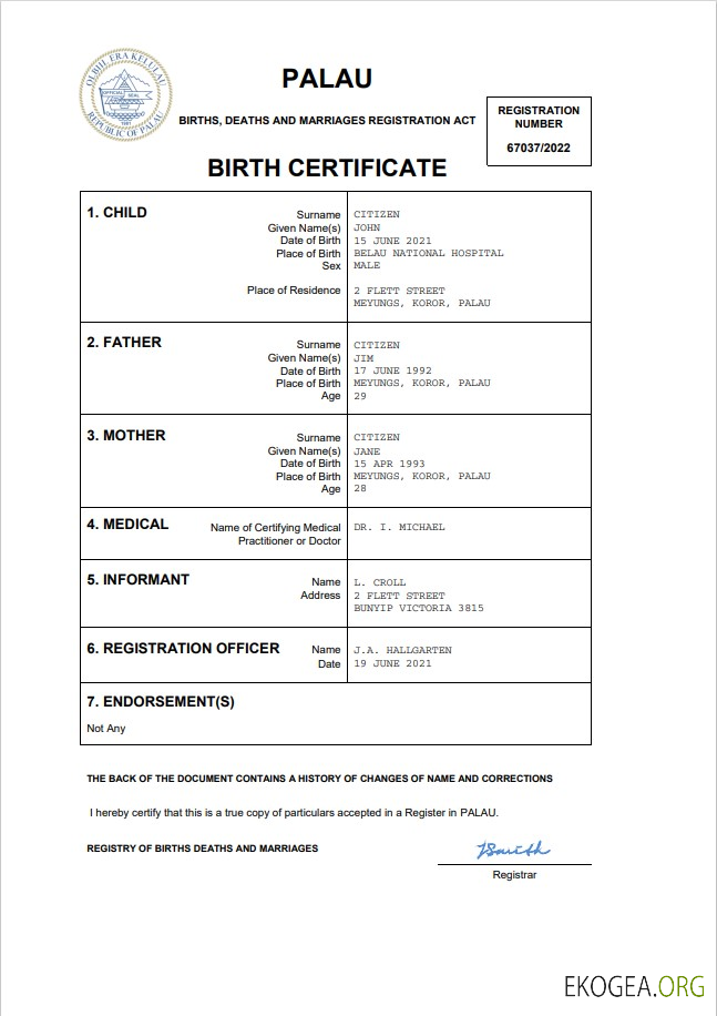 Modèle Word et PDF d'acte de naissance des Palaos